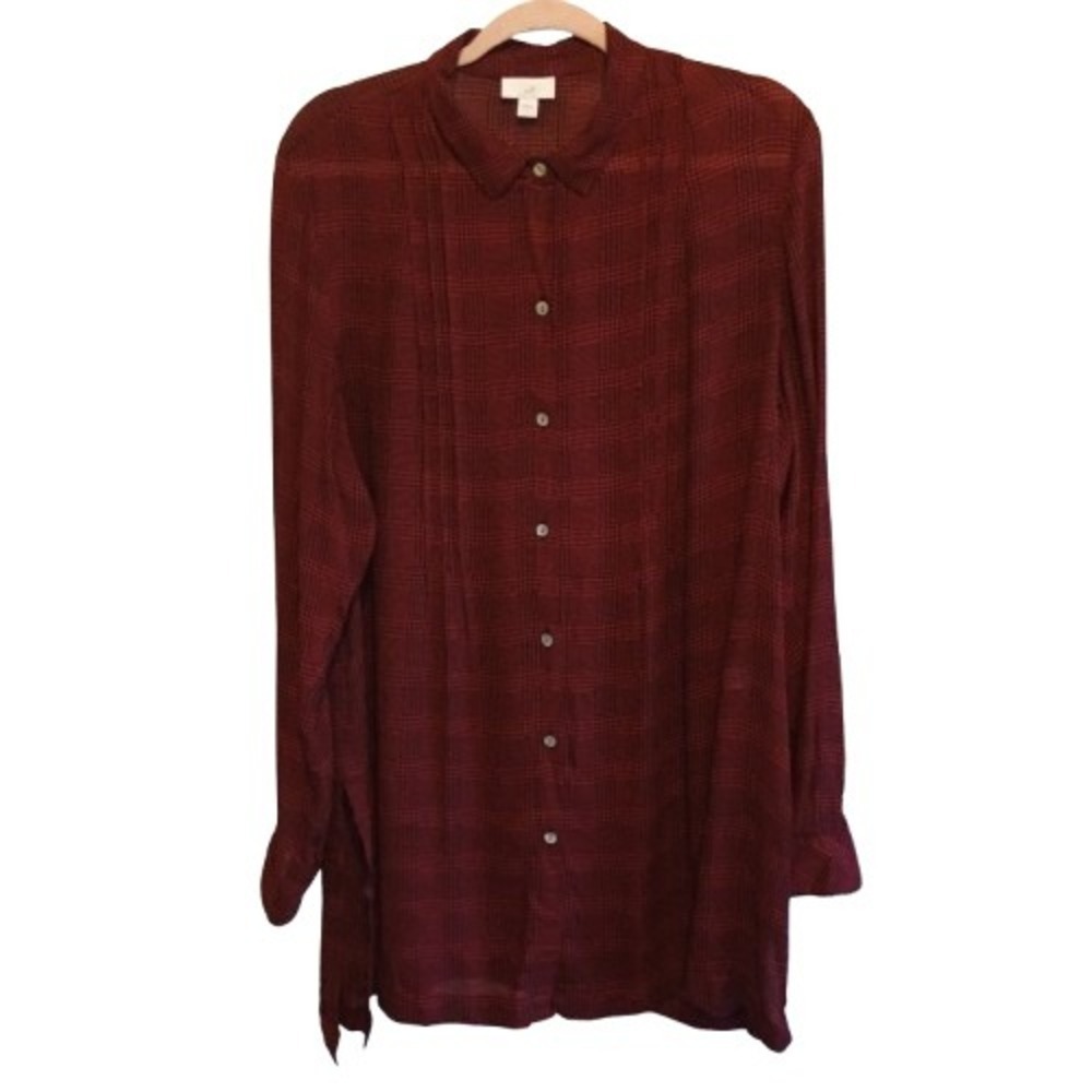 J.Jill Women's Maroon Plaid Button Down Long Sleeve Long Tunic Sze L semi sheer